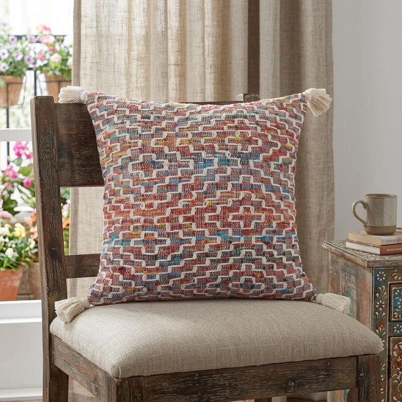 HomeRoots 20" Red Blue And Natural Geometric Polyester Blend Throw Pillow Cover with Tassels image number 1