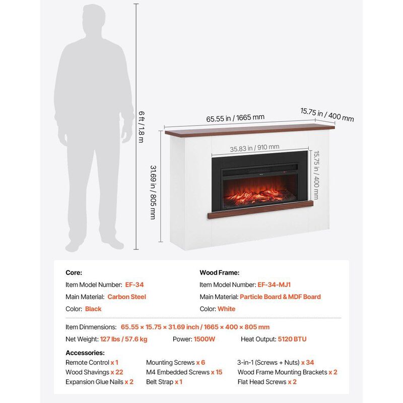 Freestanding Fireplace Heater 1500W with Adjustable Flames, Timer and Remote-White image number 2