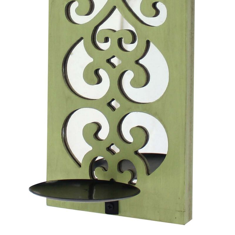 Quatrefoil Pattern Wooden Candle holder with Mirror Insert, Green - Benzara