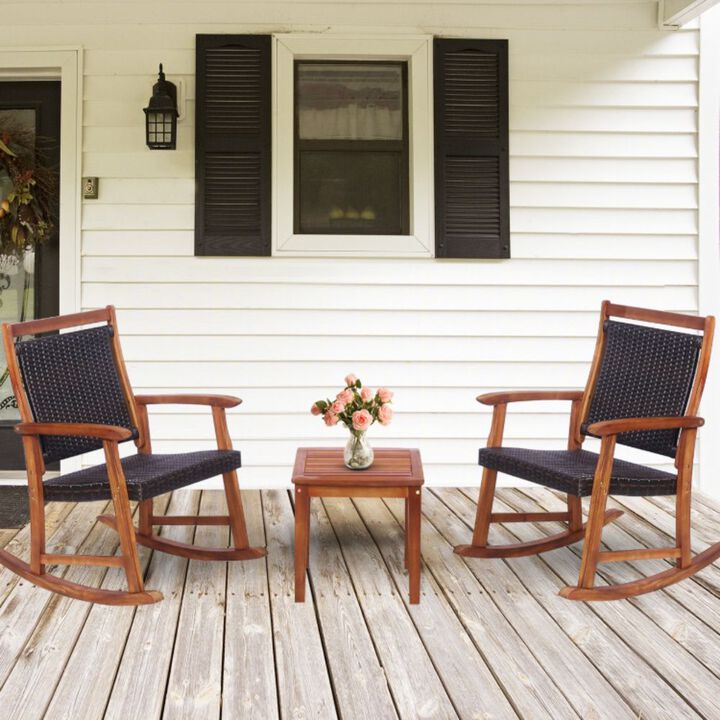 3 Pieces Acacia Wood Patio Rocking Chair Set with Side Table