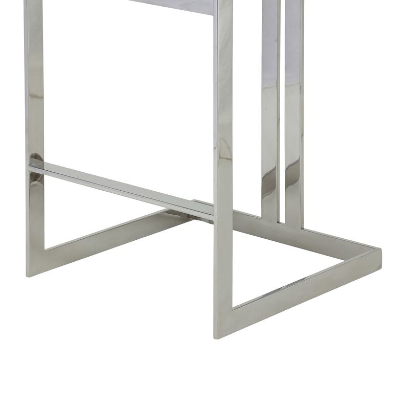 Suki 30 Inch Barstool Chair, White Faux Leather, Silver Stainless Steel