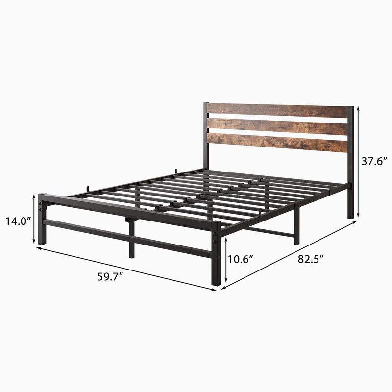 Metal Platform Bed Frame with Rustic Vintage Wood Headboard, No Box Spring Needed