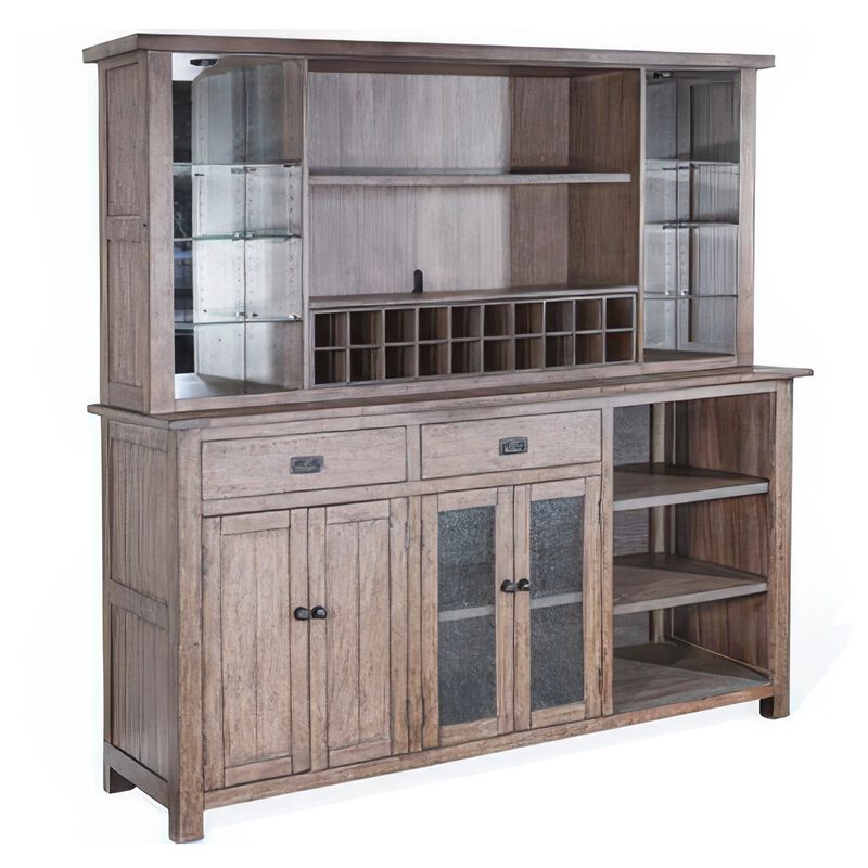 Yael Buffet, Hutch Bar Cabinet, LED Display Shelf, 80 Inch Brown Wood - Benzara image number 0