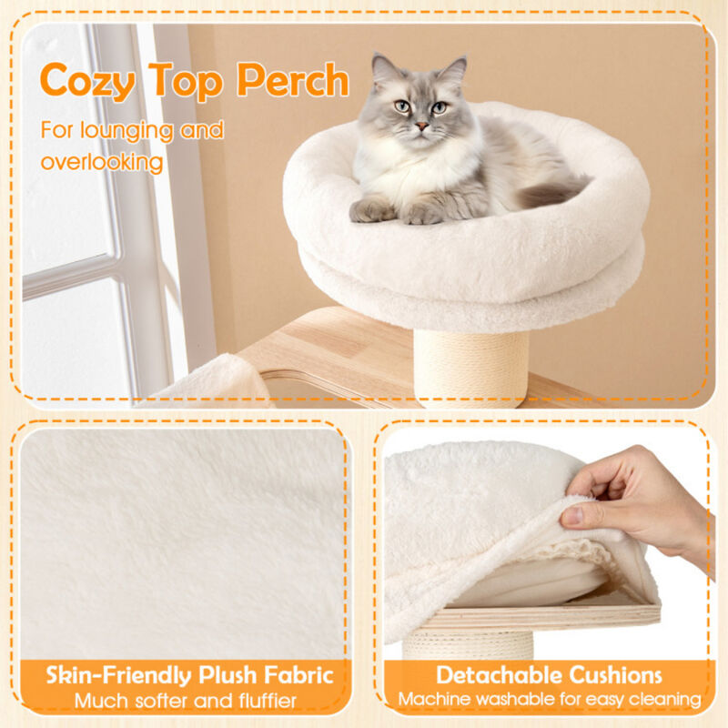 Tall Cat Tree with Cozy Top Perch and Washable Plush Cushions