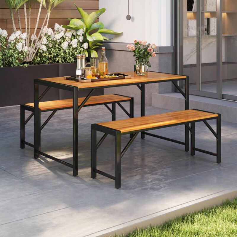 Mondawe 3-Piece Outdoor Dining Set, 1 Acacia Table & 2 Benches for 4-6,With Adjustable Foot Pad