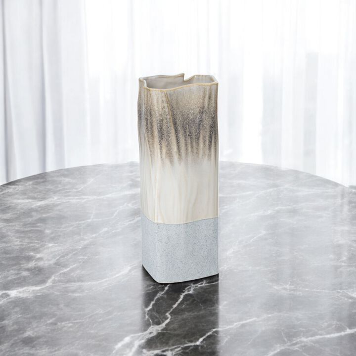HomeRoots 12" Brown Light Blue And Off White Color Block Square Ceramic Table Vase