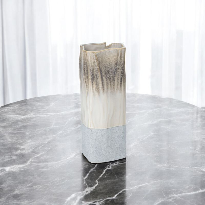 HomeRoots 12" Brown Light Blue And Off White Color Block Square Ceramic Table Vase image number 1