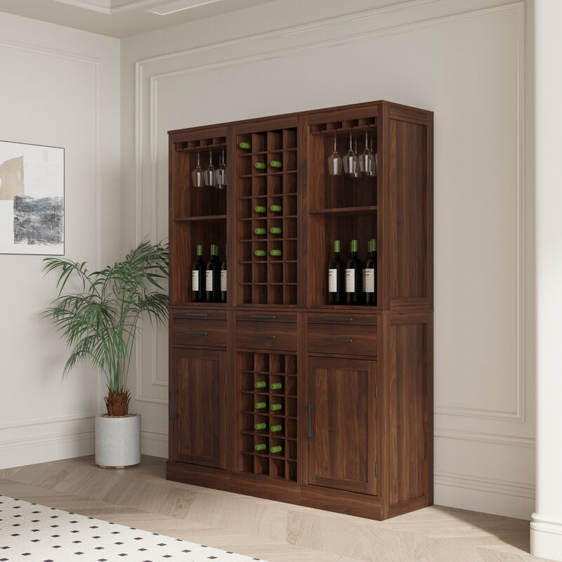 Brown walnut color modular wine bar Cabinet with Storage Shelves with Hutch for Dining Room