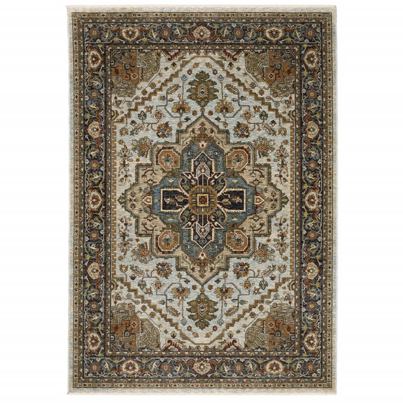2 X 3 Ivory Beige Blue Orange gold green grey And Rust Oriental Power Loom Stain Resistant Area Rug With Fringe