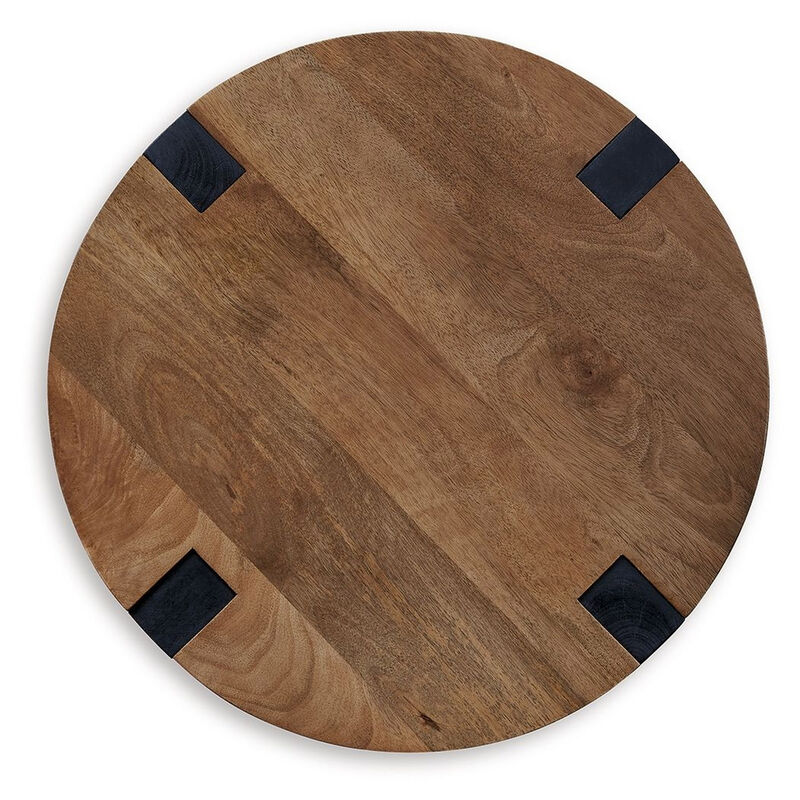 Leyi Round Side End Table, Black Angled Legs, 22 Inch Brown Mango Wood