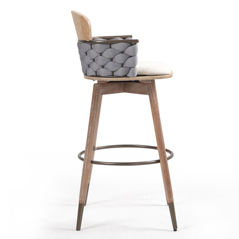 Glamour Home Bechor Beige and Gray Linen Fabric Bar Stool with Natural Wood Legs
