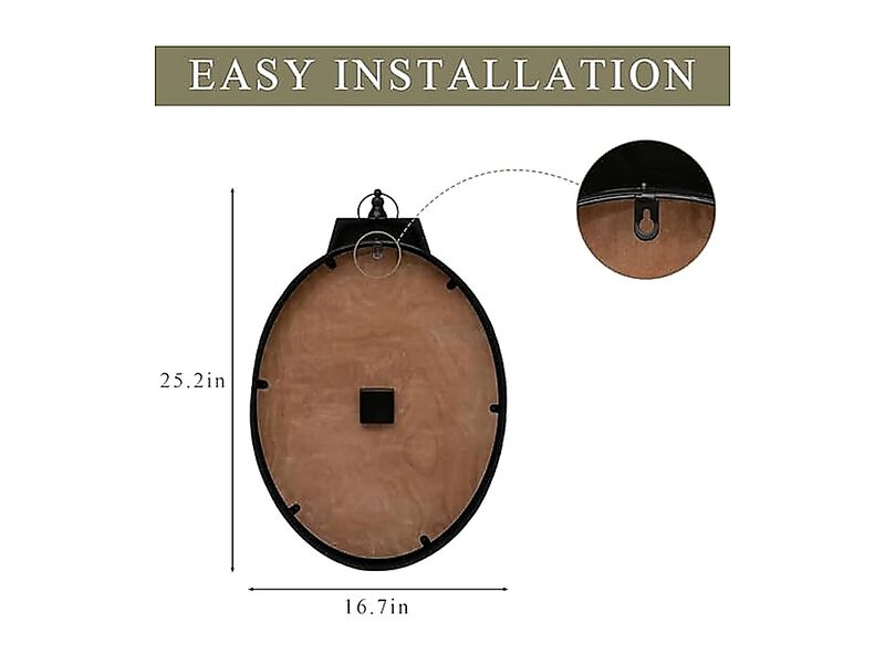 Large Oval Wall Clock 25 Inch Rustic Farmhouse Wood Decor Black Metal Frame 3D image number 3