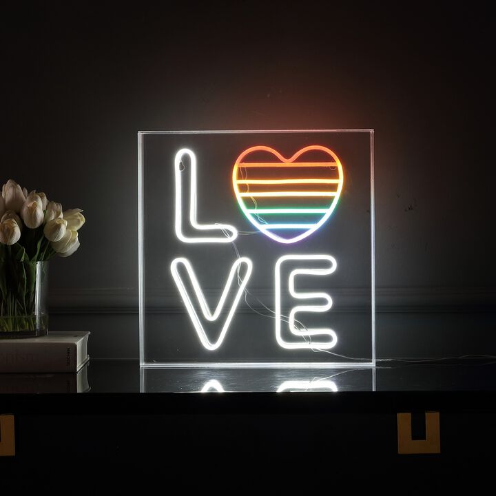 LOVE 15" Square Contemporary Glam Acrylic Box USB Operated LED Neon Light, White/Rainbow
