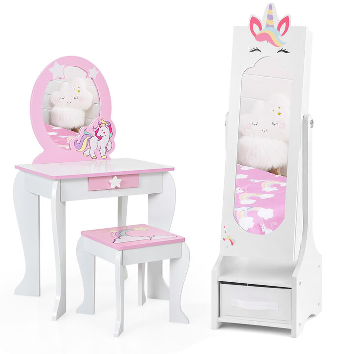 Princess Vanity Table and Stool Set for Kids with Mirror and Jewelry Storage