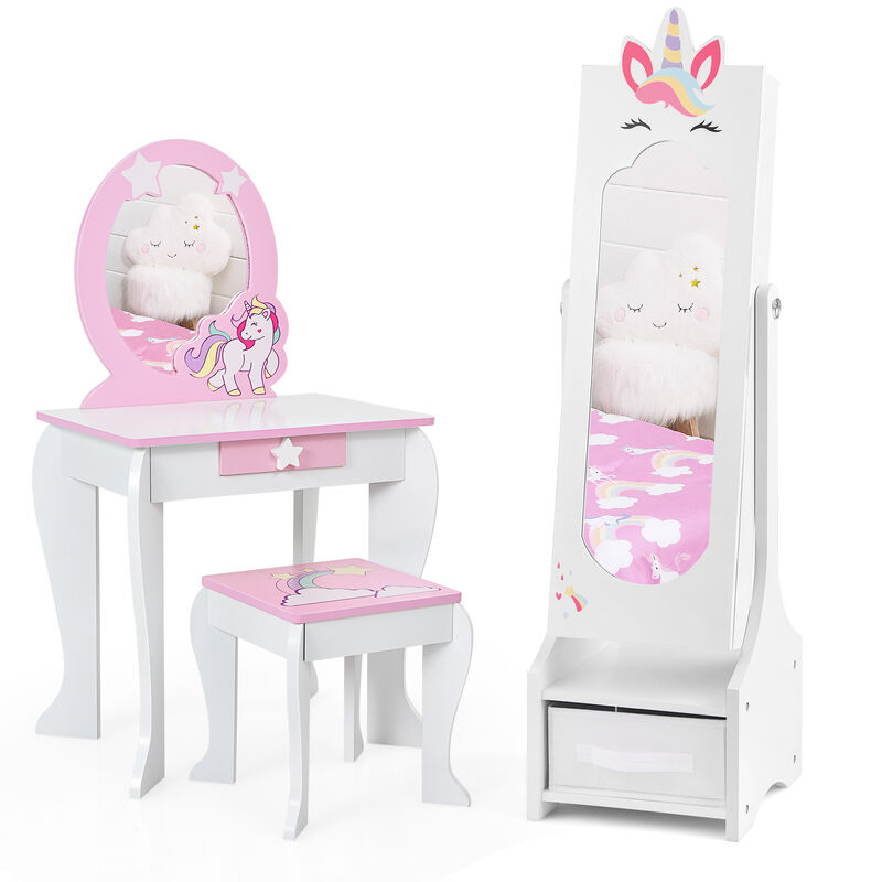 Princess Vanity Table and Stool Set for Kids with Mirror and Jewelry Storage image number 0