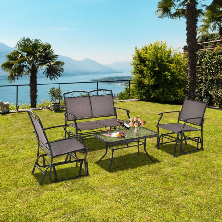 Hivvago 4 Piece Patio Glider Conversation Set with Tempered Glass Table Top-Brown