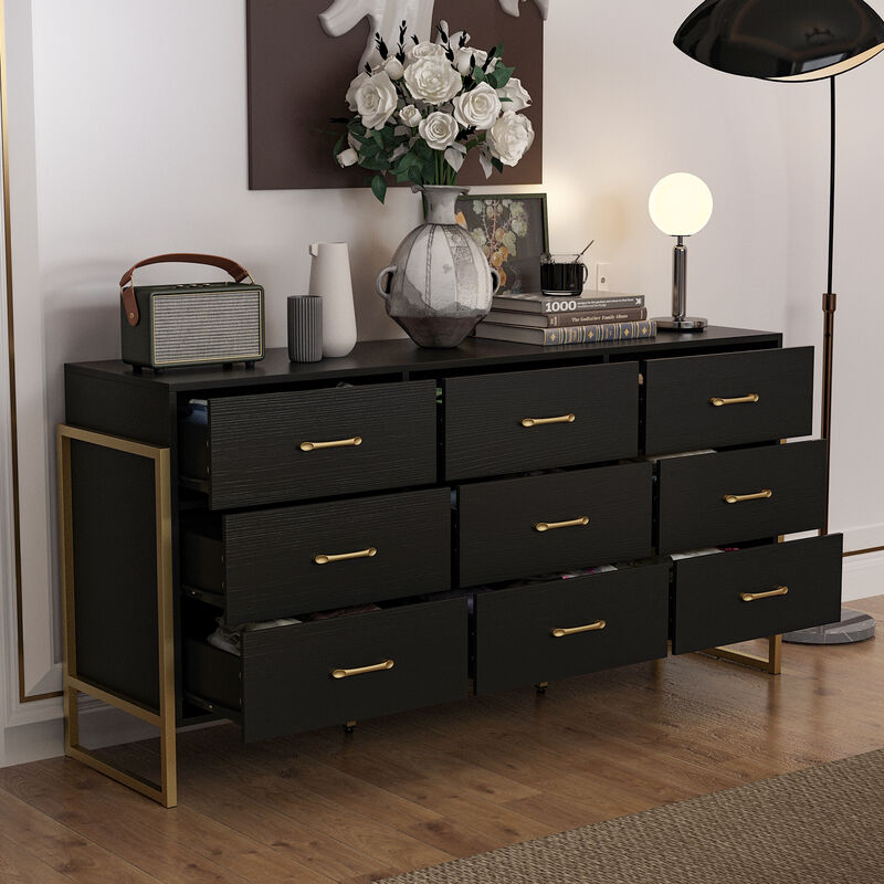 Black Wood 9 Big Drawers 61.4 in. W Dresser With Metal Frame Legs