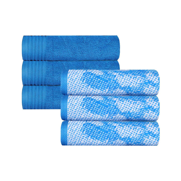 6 Piece Cotton Hand Towel Set with Marble Jacquard and Solid Designs