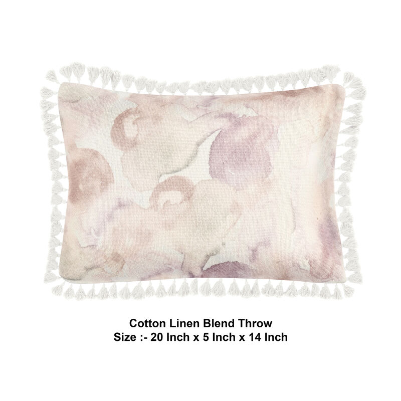 Luos Lumbar Throw Pillow, 14x20 Inch Tasseled Edges, Pink Cotton Linen - Benzara