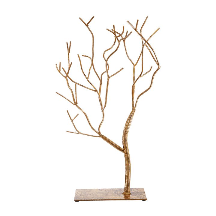 Leafless Branched Iron Tree Accent with Rectangular Base, Gold - Benzara