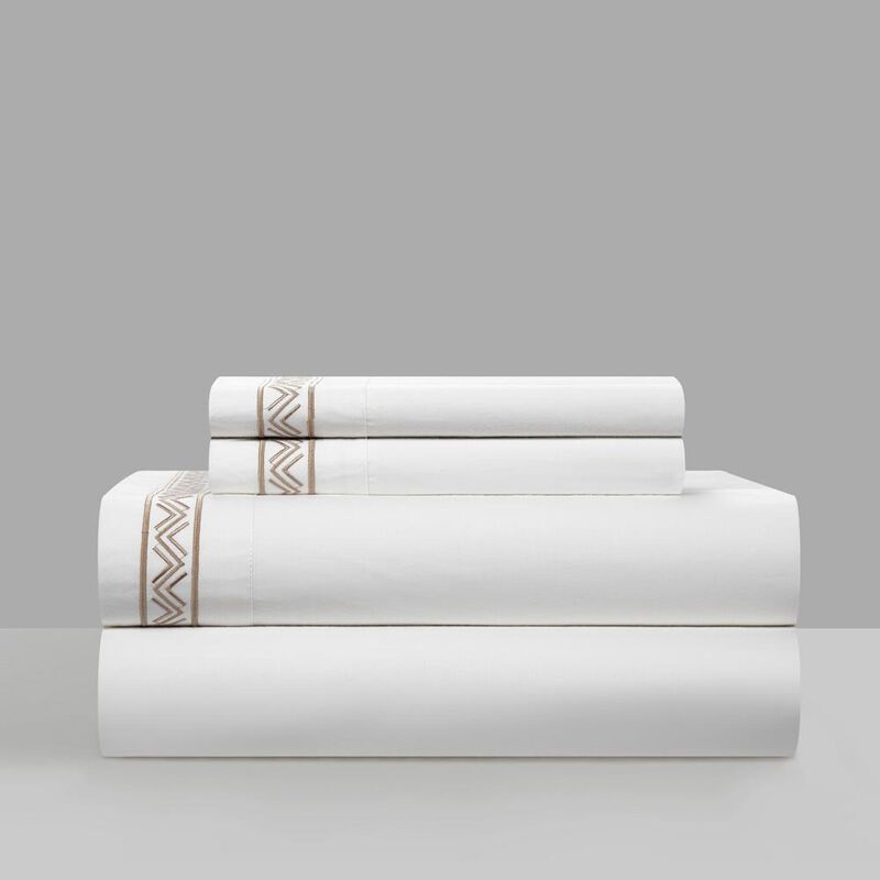 Chic Home Ella Cotton Duvet Cover Set Solid White Dual Stripe Embroidered Border Zig-Zag Details Hotel Collection Bedding - Includes Sheets Pillowcases Pillow Shams - 7 Piece - King 106x96, Beige