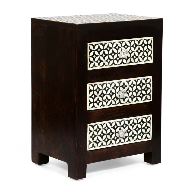 Streamdale Mango Wood Bone Inlay Nightstand With 3 Drawers