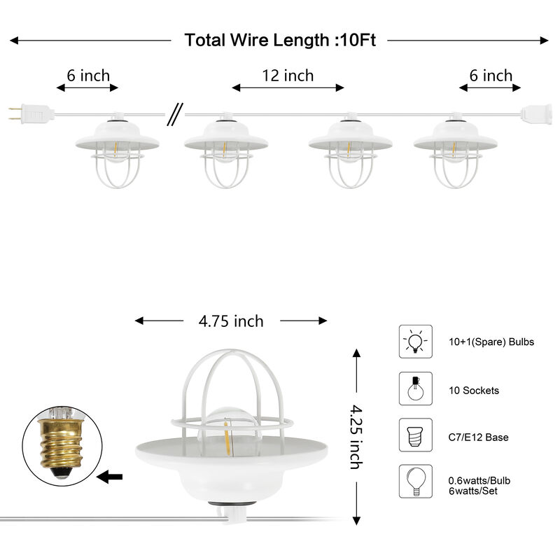 10-Light Indoor/Outdoor 10 ft. Rustic Farmhouse Incandescent G40 Metal Cage Shade String Lights