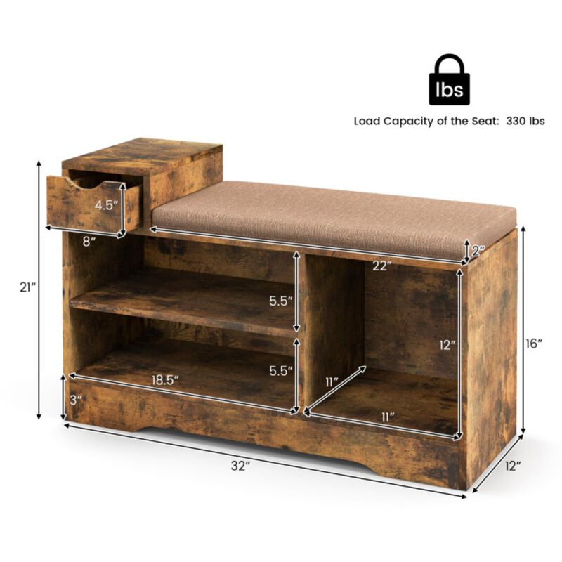 Hivvago Entryway Storage Shoe Bench with 1 Storage Drawer and 3 Open Compartments-Rustic Brown