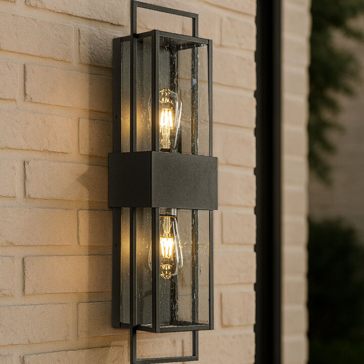 Modern Outdoor Wall Light with Dusk to Dawn Sensor H26'' Black Exterior Wall Lantern with Seeded Glass 2-Light Waterproof