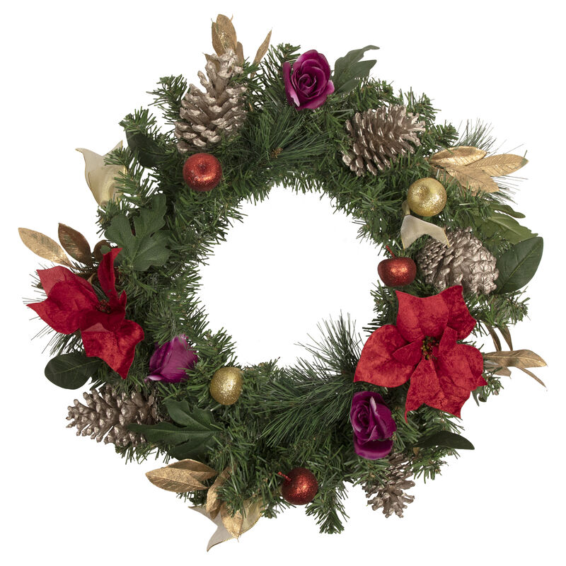 Decorated Red Poinsettia and Rose Artificial Christmas Wreath  24-inch  Unlit image number 0