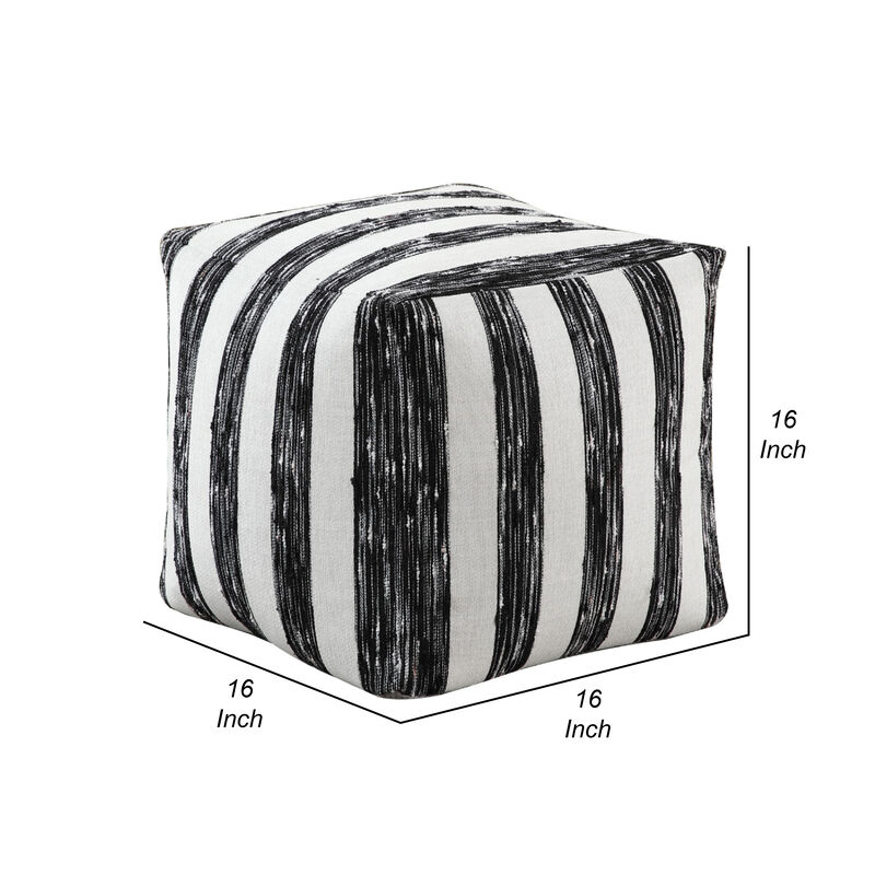 Modern Pouf Ottoman, Black White Wide Striped Jacquard, 16 Inch Square