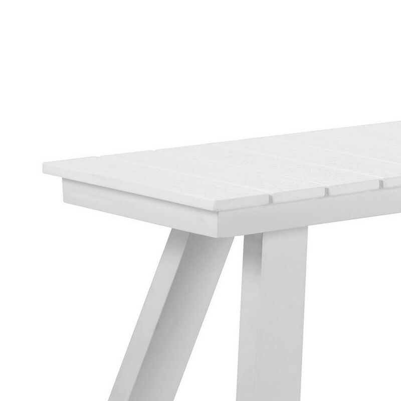 Zia 54 Inch Outdoor Dining Bench, White Polyresin Top, White Aluminum Frame-Benzara