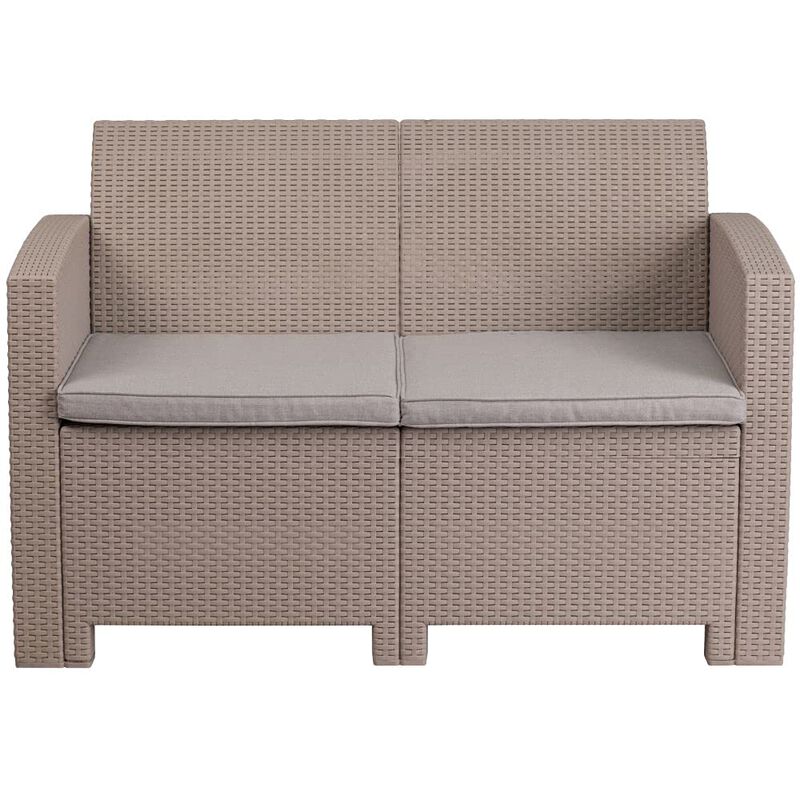 Flash Furniture Seneca Light Gray Faux Rattan Loveseat with All-Weather Light Grey Cushions