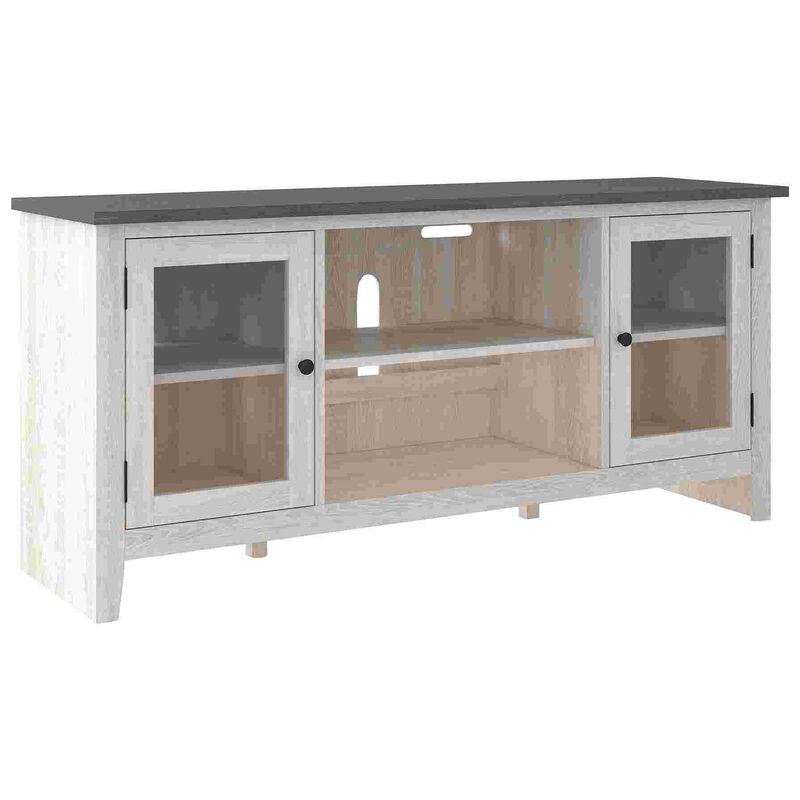 60 Inch TV Entertainment Console, 2 Glass Doors, Farmhouse, White, Gray - Benzara