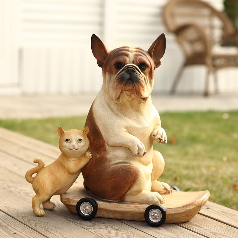 LuxenHome Kitten and Dog with Skateboard Sculpture Resin Statue, Indoor and Outdoor