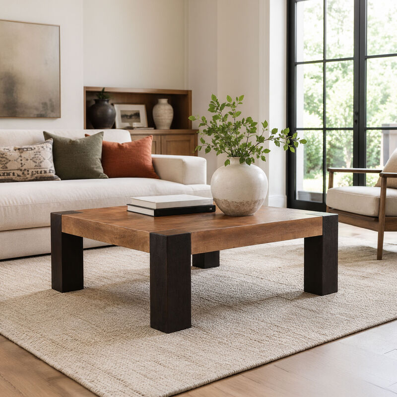Kisa 44 Inch Square Coffee Table, Sandblasted Block Legs, Coffee Brown Mango Wood image number 7