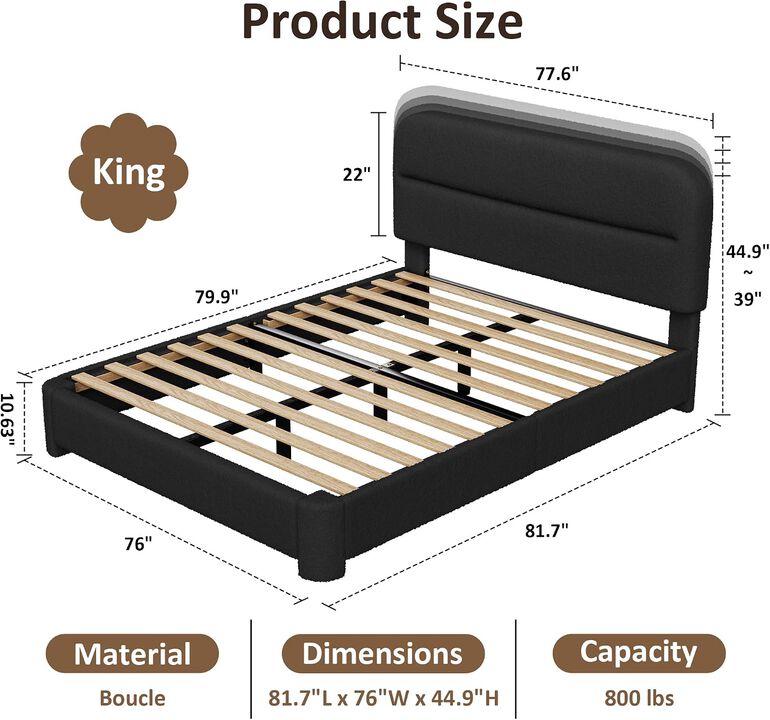 Vipbear Upholstered Boucle Platform Bed Frame with Adjustable Wide Headboard, Wooden Slats, Black