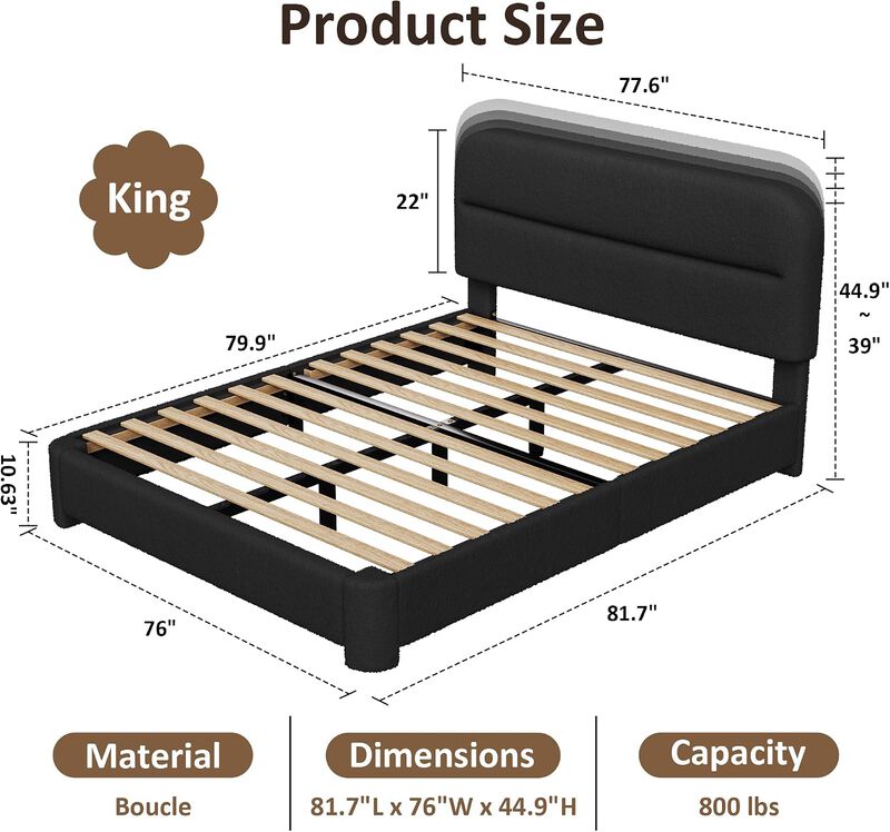 Vipbear Upholstered Boucle Platform Bed Frame with Adjustable Wide Headboard, Wooden Slats, Black image number 1