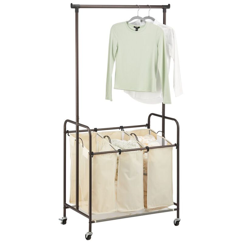 mDesign Portable Laundry Sorter with Wheels/Steel Hanging Bar - Satin/Dark Gray image number 2