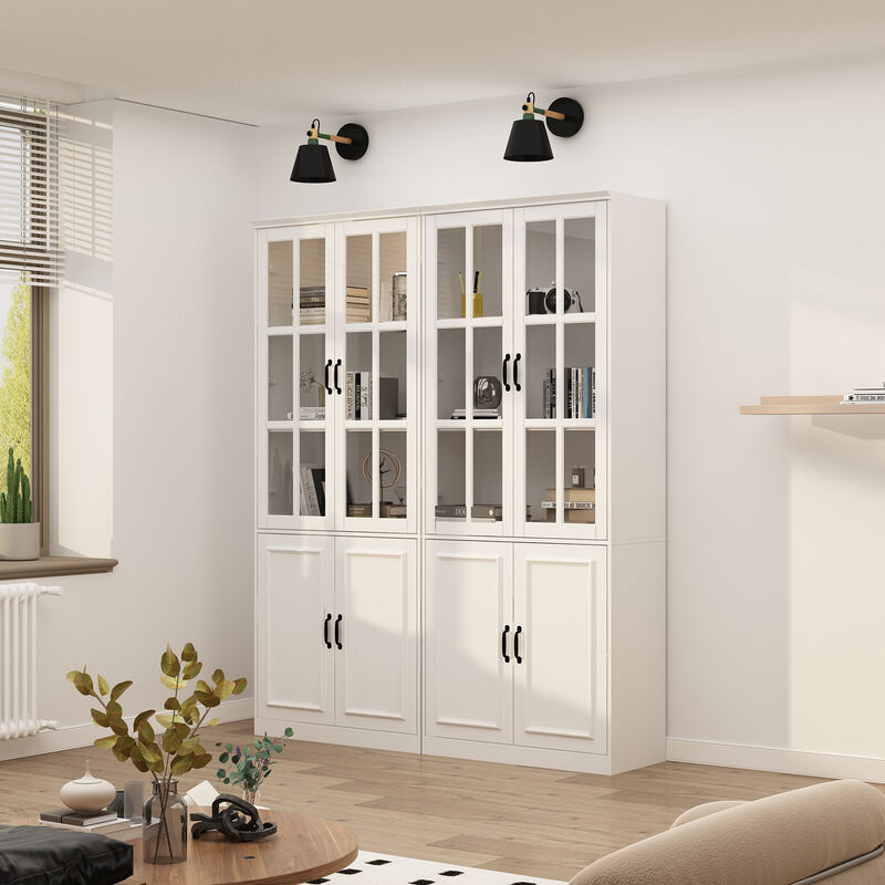 FUFU&GAGA 8-Door White Storage Cabinet Set – Stylish and Spacious Organizing Solution, 2-Piece Wardrobe with Glass Doors and Black Handles, (78.7 in. H x 63 in. W x 15.7 in. D),White