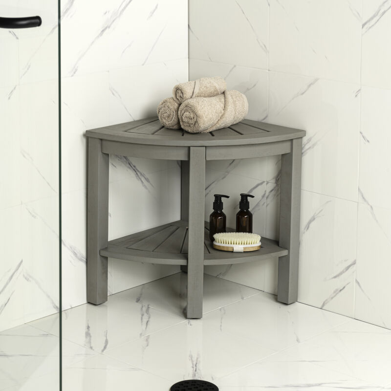 Maris 18" Classic Coastal Solid Acacia Wood Indoor/Outdoor Corner Shower Bench with Shelf image number 1