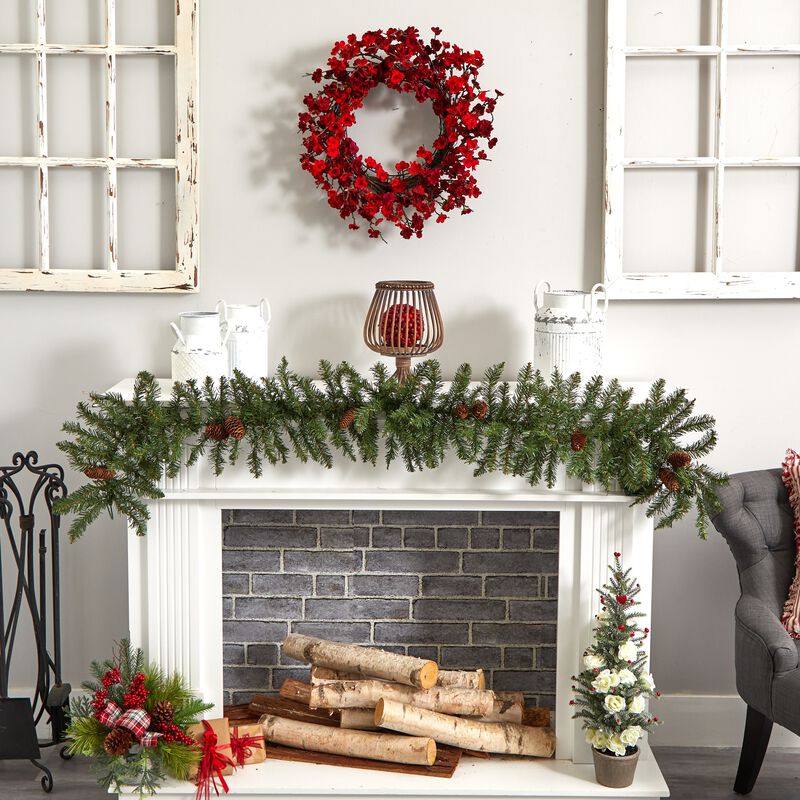 Plum Blossom Artificial Spring Floral Wreath  24-Inch  Unlit