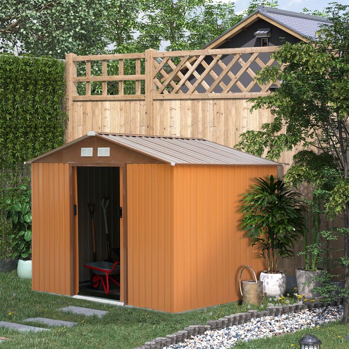 9' x 6' Metal Storage Shed Garden Tool House with Double Sliding Doors, 4 Air Vents for Backyard, Patio, Lawn Brown