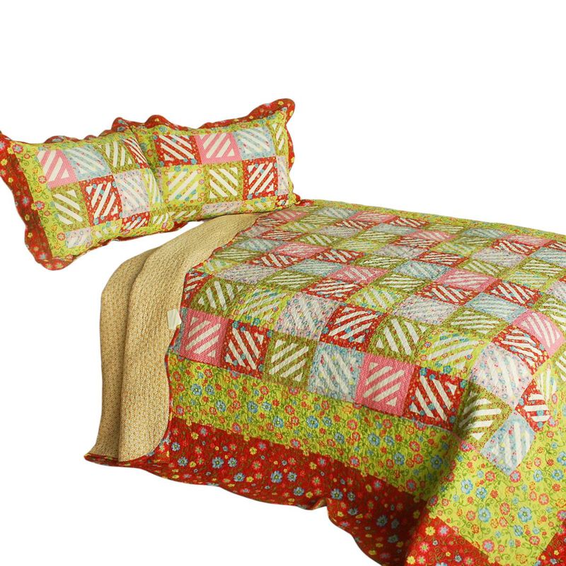 3 Piece Queen Size Cotton Quilt Set with Vermicelli Quilted Print Design-Green image number 1