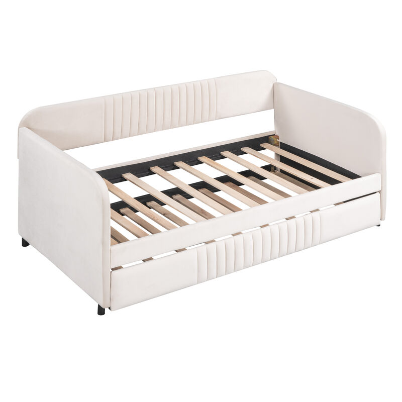 Upholstered Daybed Sofa Bed Twin Size With Trundle Bed and Wood Slat, Beige