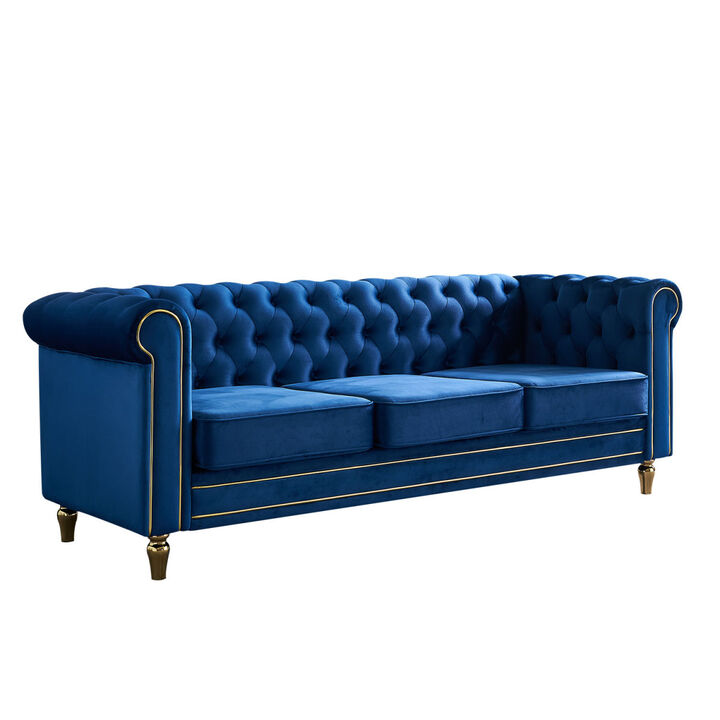 Chesterfield Velvet Sofa 84.65 inch for Living Room BLUE Color