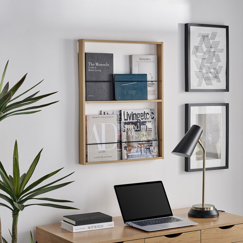 Steiner Beech Square Modern 2-Tier Kids Book or Toy Figure Display Unit Wall Mounted Bookshelf with Contrasting Black Rods