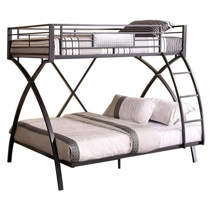 Benjara Twin Over Full Bunk Bed, Modern Arc Design, Front Ladder, Sturdy Gray Metal
