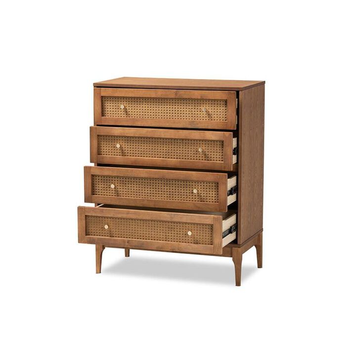 Baxton Studio Ramiel Mid-Century Modern Ash Walnut Finished Wood and Rattan 4-Drawer Chest