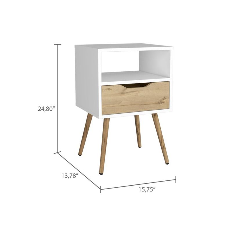 Streamdale Otom Nightstand: White Light Oak, Drawer, Open Shelf